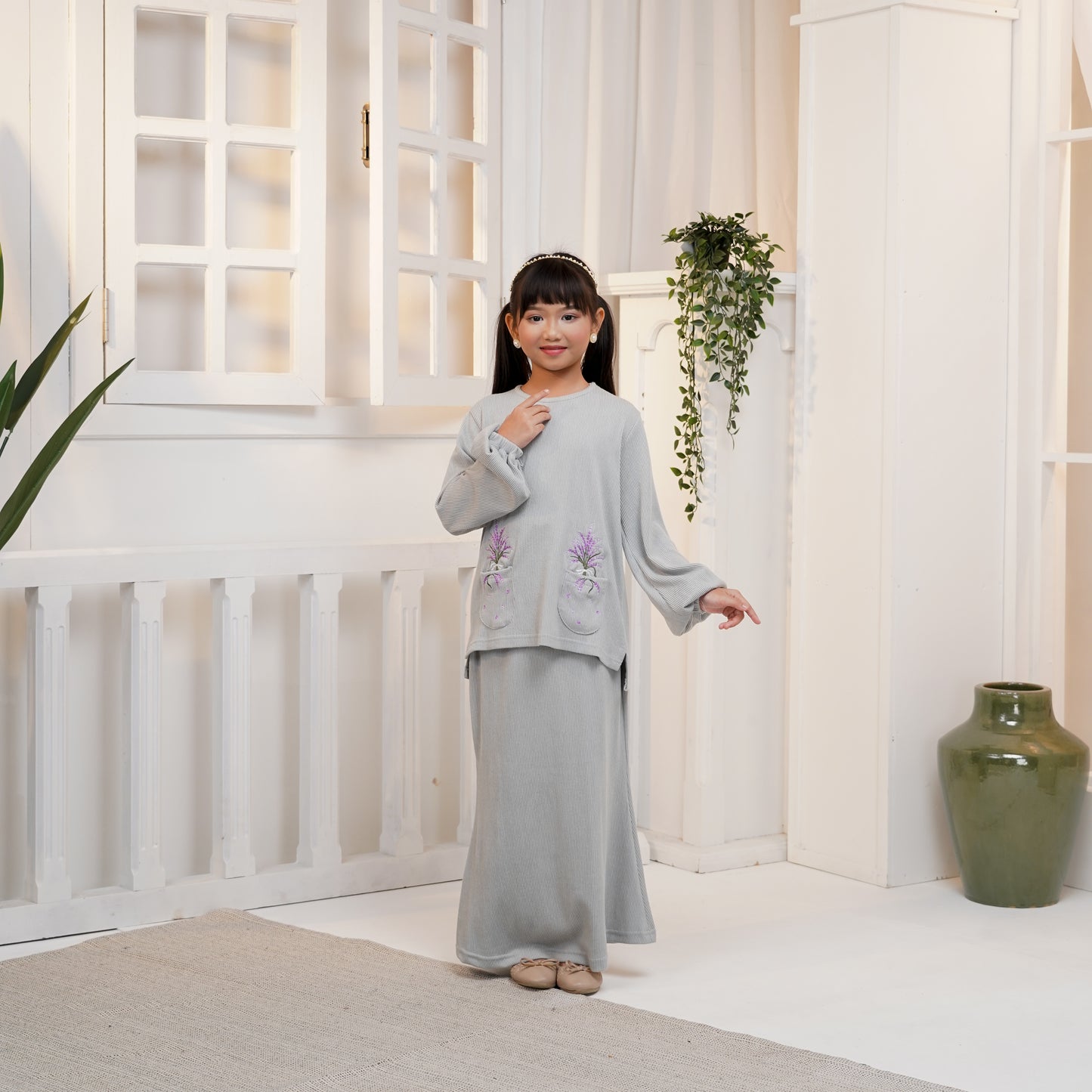 Aster Embroidery Baju Kurung Set in Brittany Blue (Girls) (NEW!)