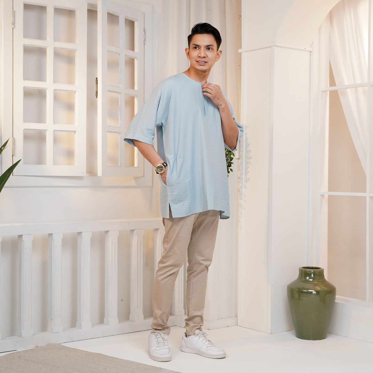 Syabil Men's Cotton Linen 3/4 Sleeve Shirt in Brittany Blue