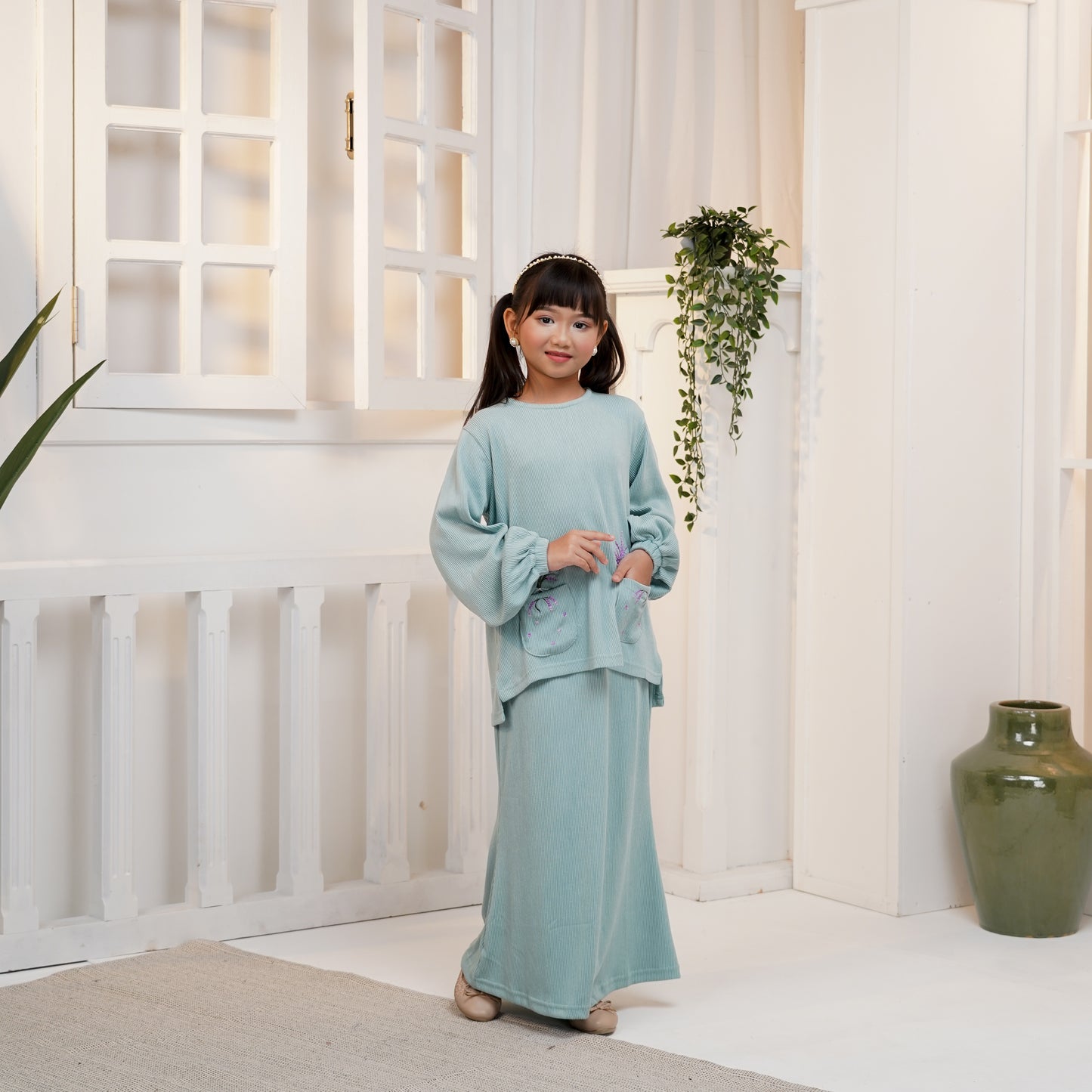 Aster Embroidery Baju Kurung Set in Tiffany (Girls) (NEW!)