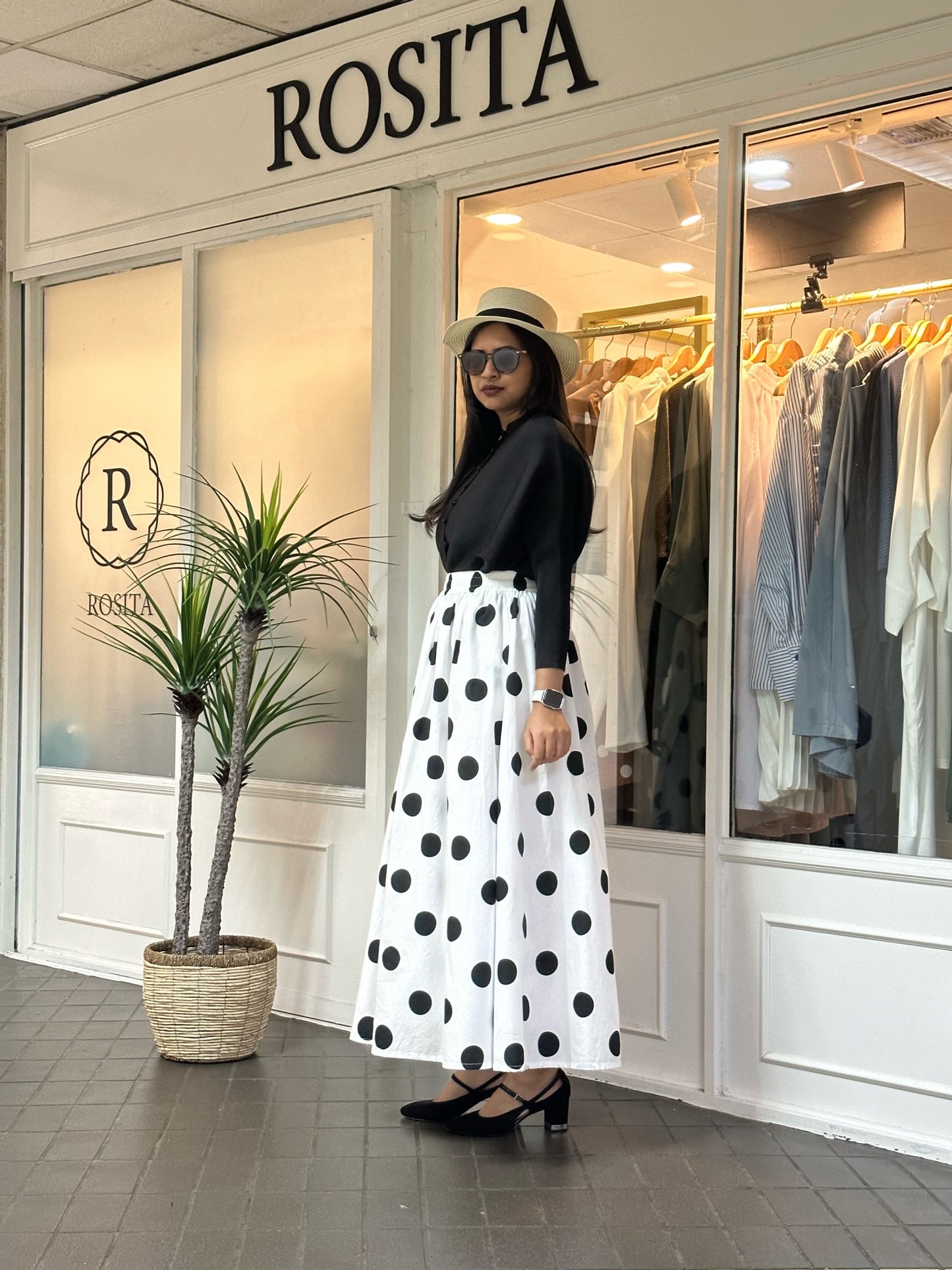 Khloe Maxi Flare Skirt in White & Black Polka Dot