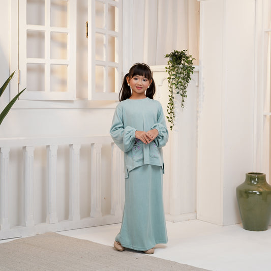 Aster Embroidery Baju Kurung Set in Tiffany (Girls) (NEW!)