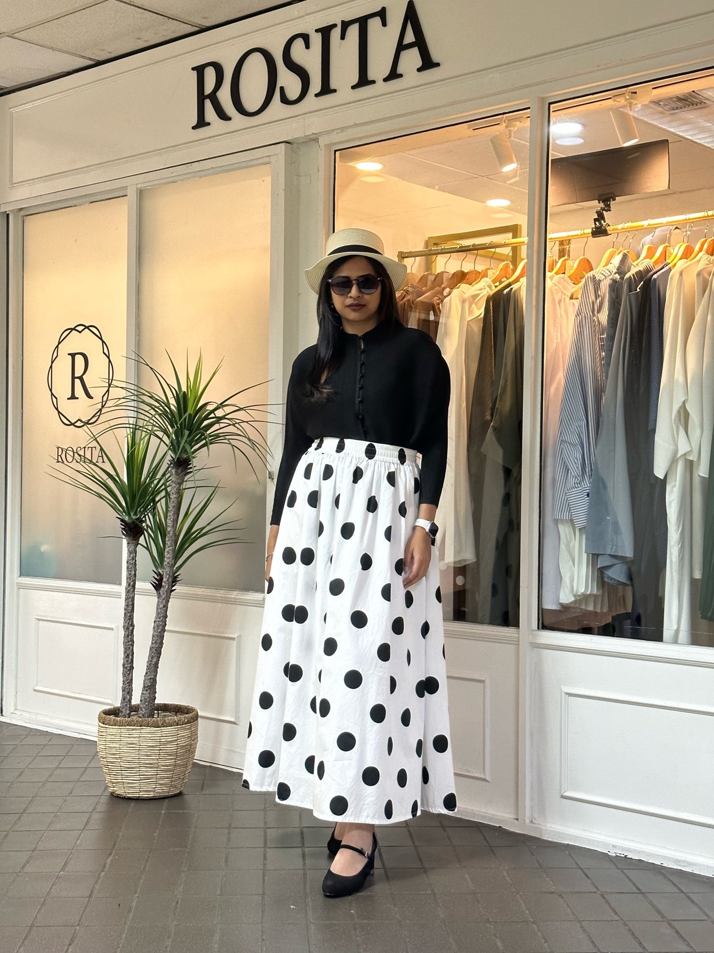 Khloe Maxi Flare Skirt in White & Black Polka Dot
