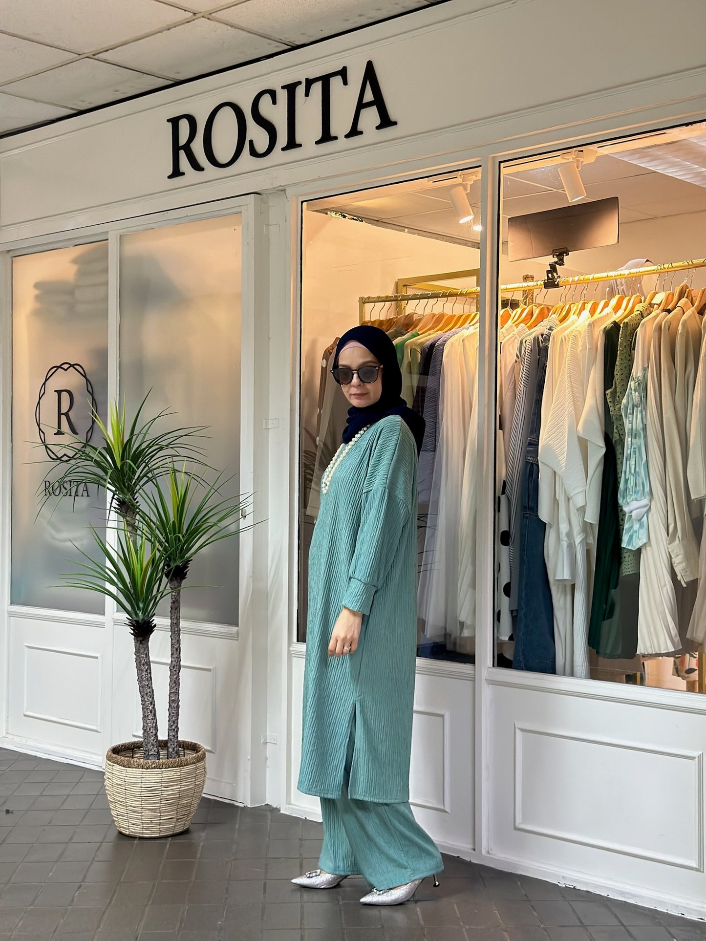 Aina Crinkle Tunic Pants Set in Dusty Teal