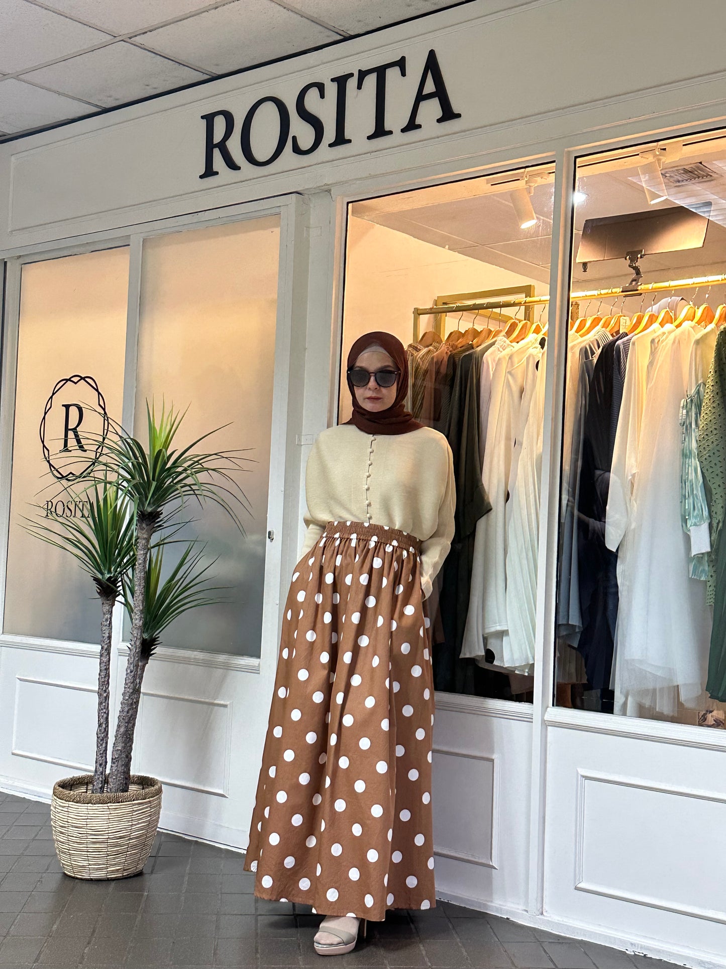 Khloe Maxi Flare Skirt in Toffee & White Polka Dot