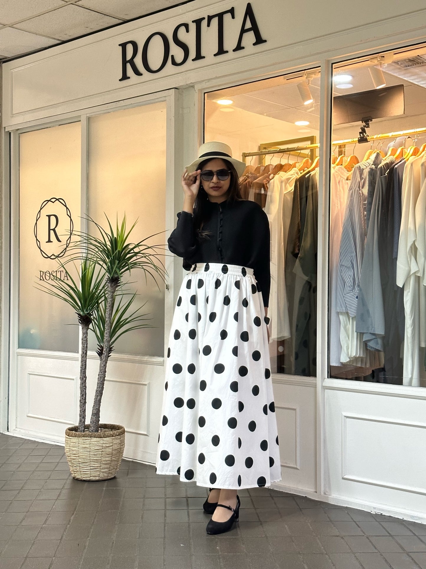 Khloe Maxi Flare Skirt in White & Black Polka Dot