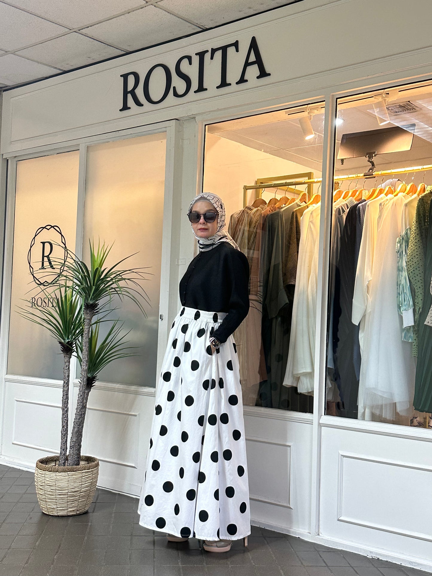 Khloe Maxi Flare Skirt in White & Black Polka Dot