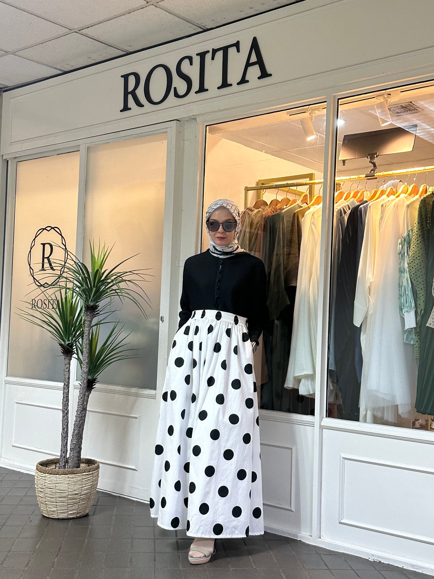 Khloe Maxi Flare Skirt in White & Black Polka Dot