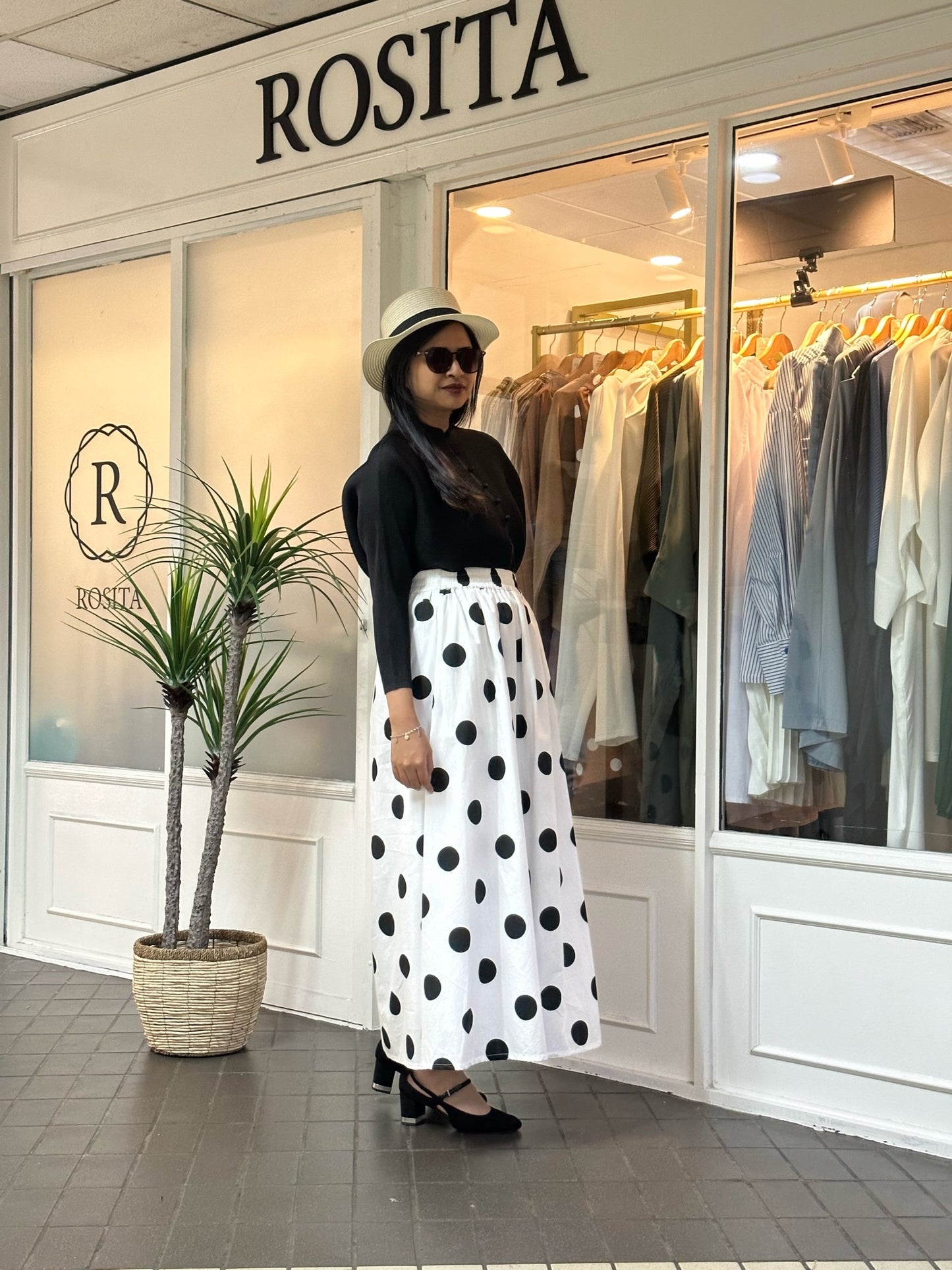 Khloe Maxi Flare Skirt in White & Black Polka Dot