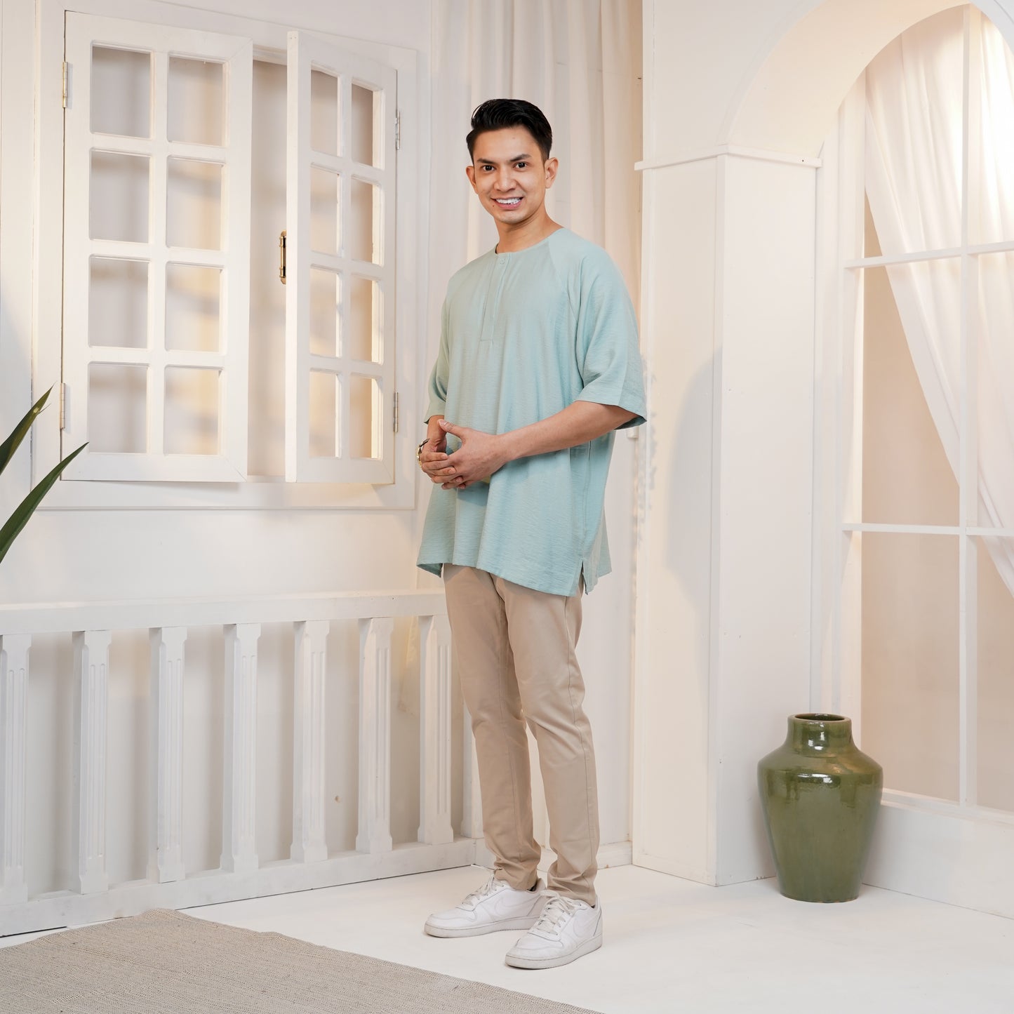 Syabil Men's Cotton Linen 3/4 Sleeve Shirt in Moss Green