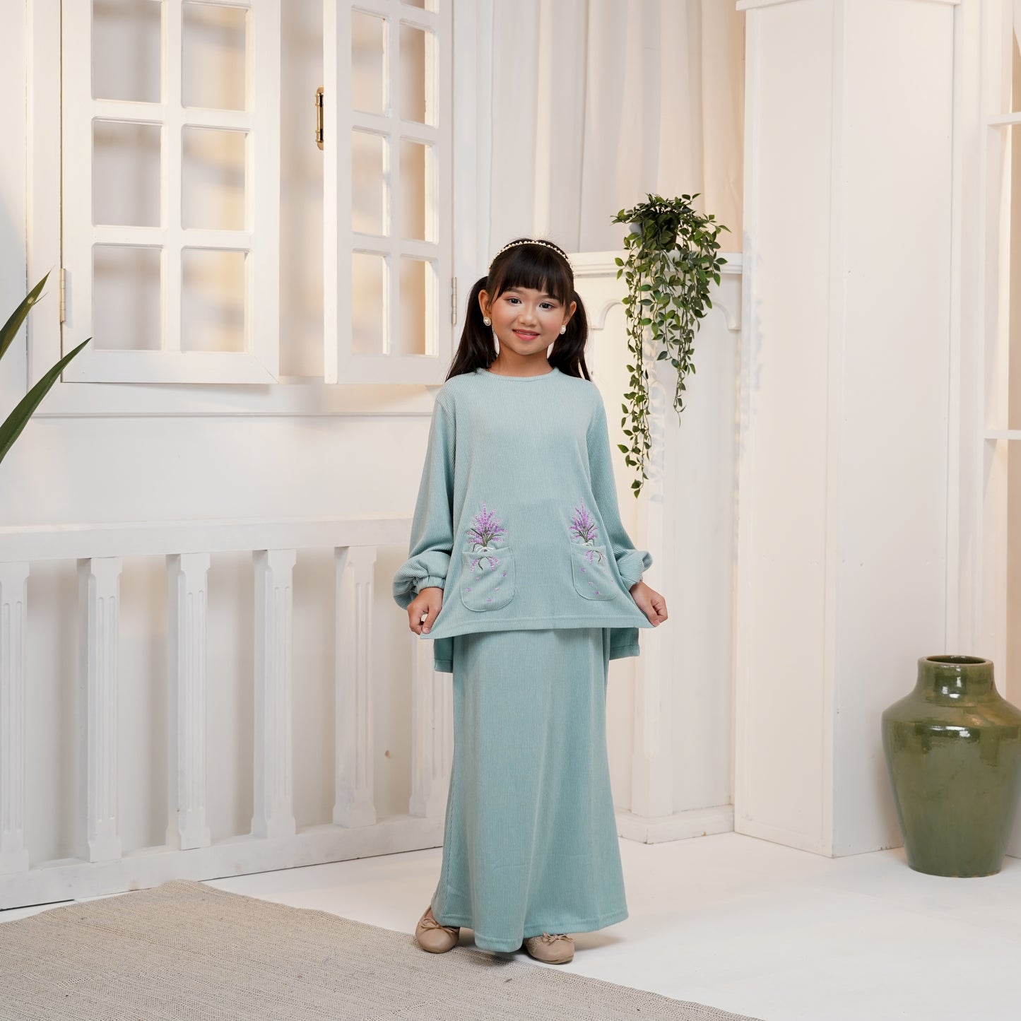 Aster Embroidery Baju Kurung Set in Tiffany (Girls) (NEW!)