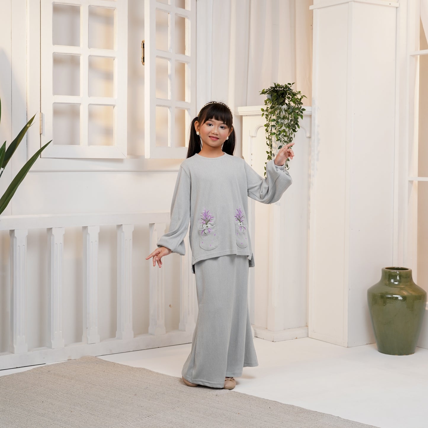 Aster Embroidery Baju Kurung Set in Brittany Blue (Girls) (NEW!)