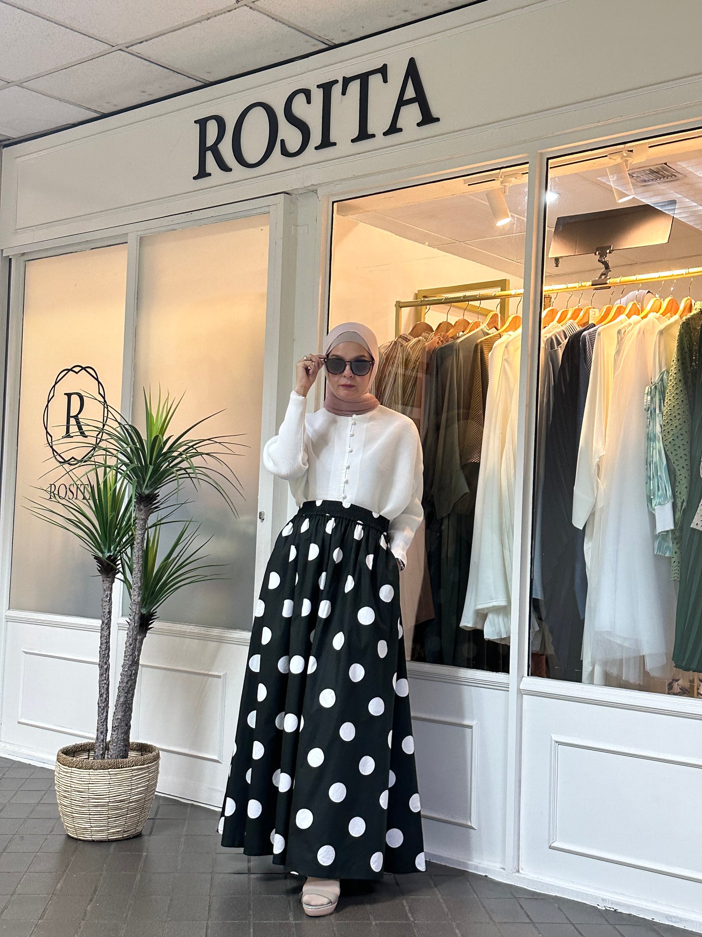 Khloe Maxi Flare Skirt in Black & White Polka Dot