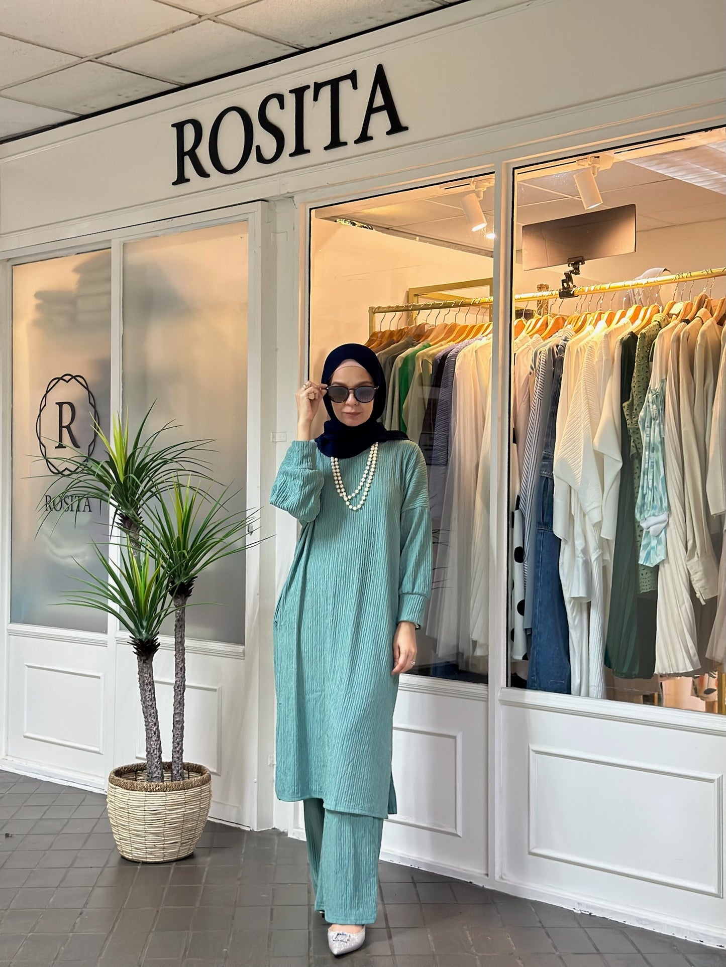 Aina Crinkle Tunic Pants Set in Dusty Teal