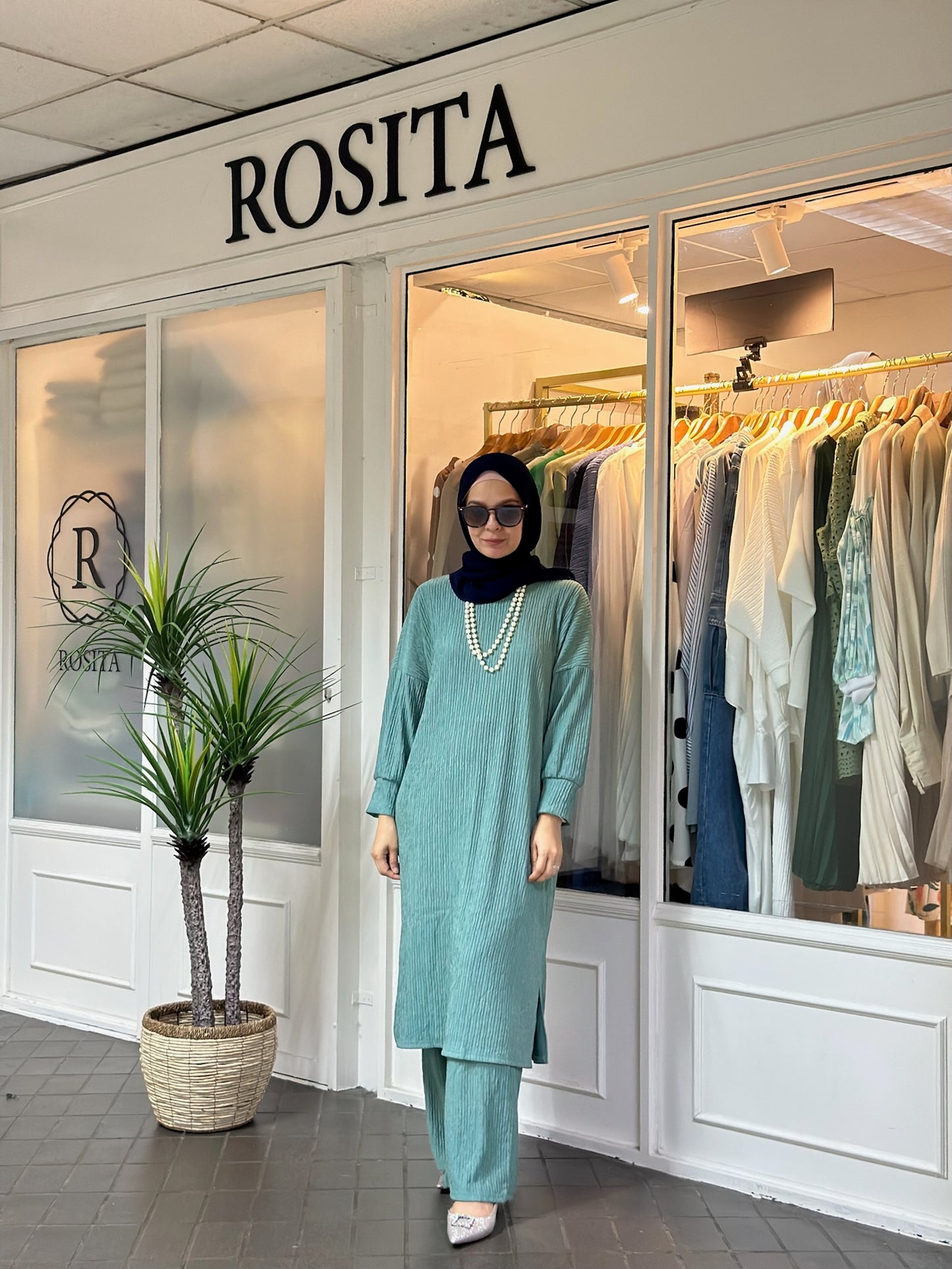 Aina Crinkle Tunic Pants Set in Dusty Teal