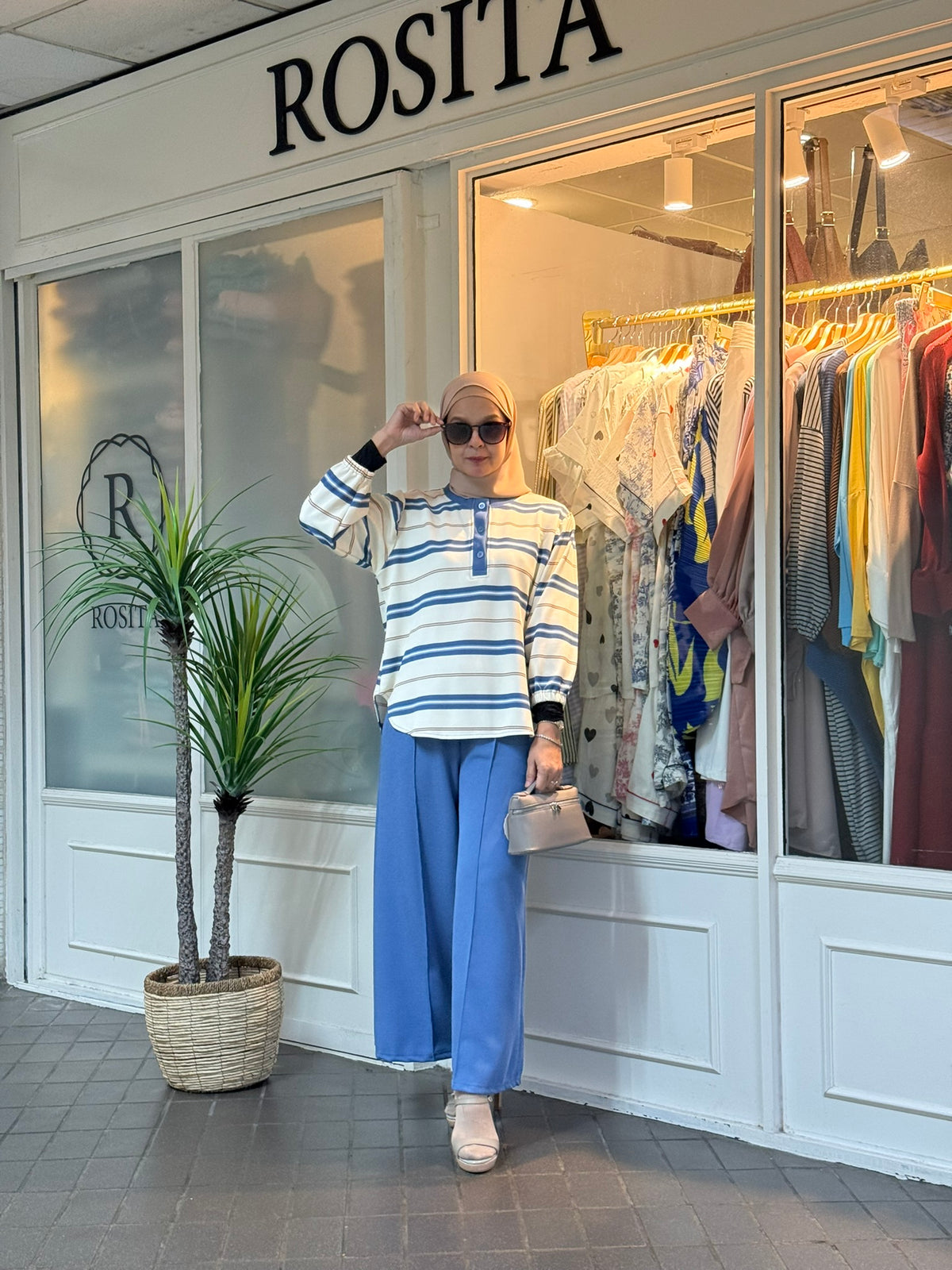 Miss Rox Striped Cotton Knit Pants Set in Denim Blue (NEW!)