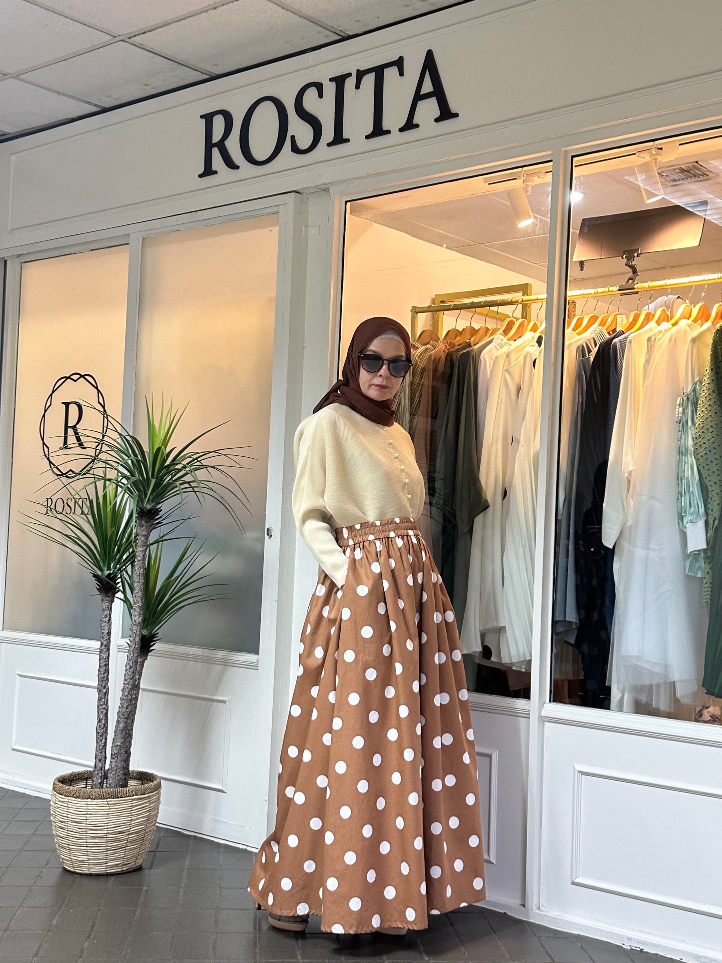 Khloe Maxi Flare Skirt in Toffee & White Polka Dot