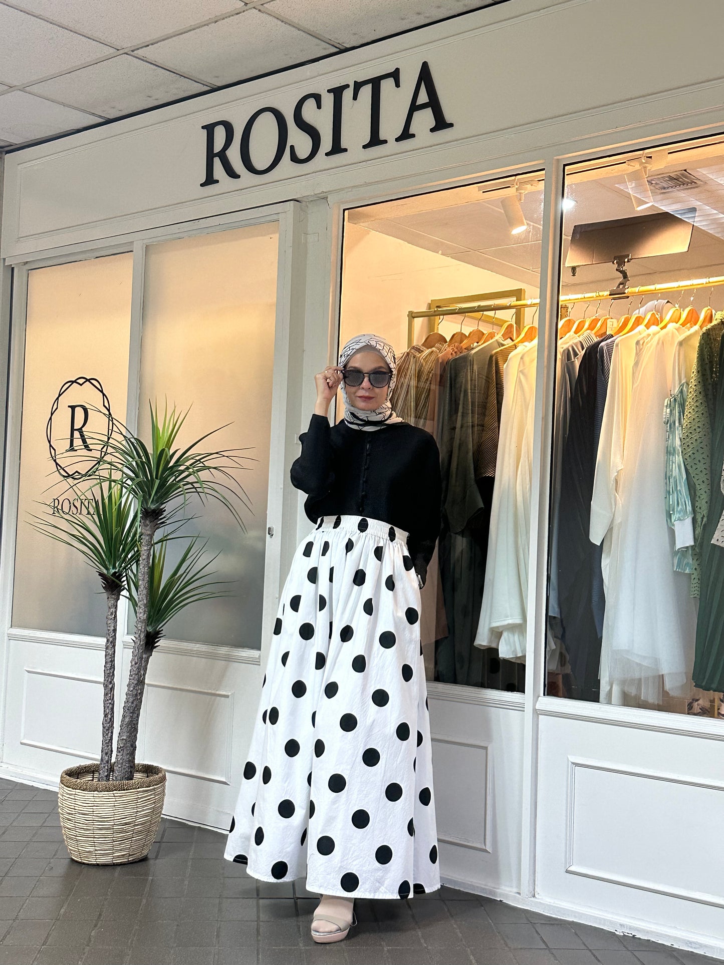 Khloe Maxi Flare Skirt in White & Black Polka Dot