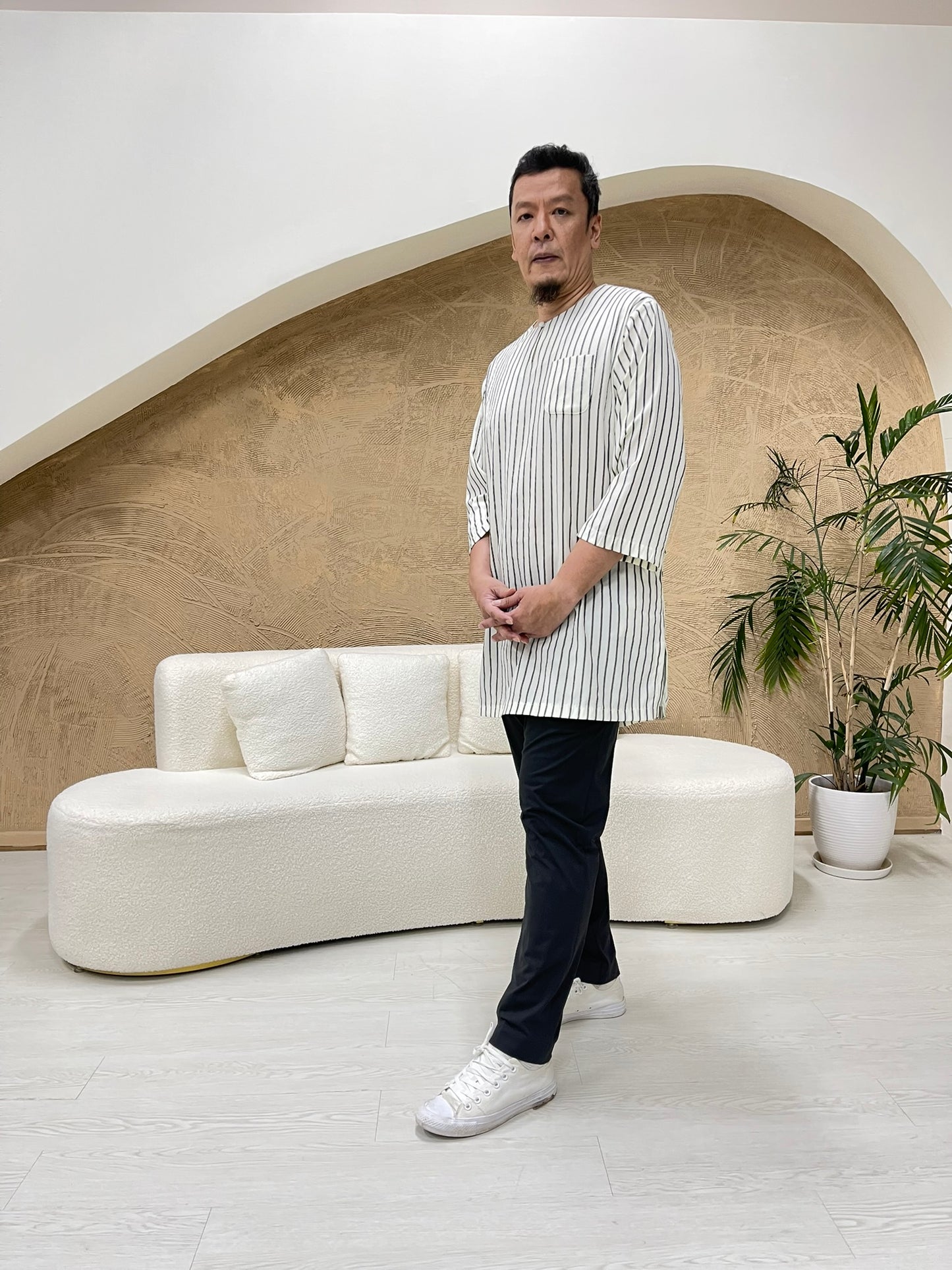 Mens Naem Kurta Top in Cream & Black Stripes (NEW!)