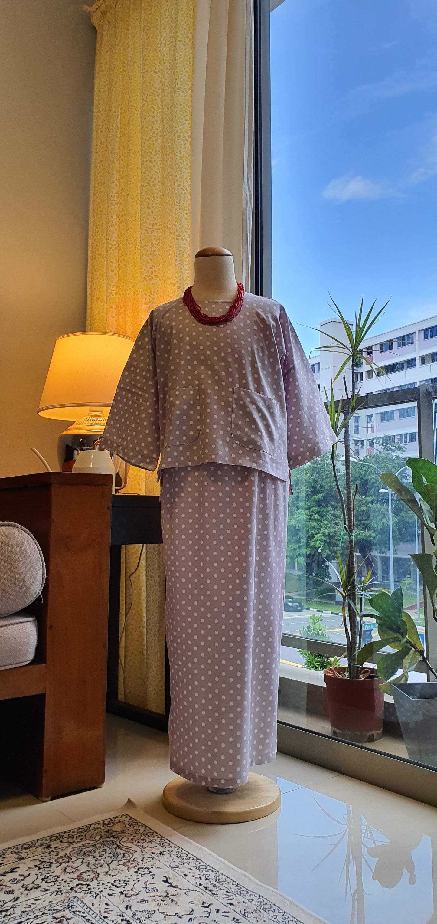 Girls Ayu Kurung Kedah in Beige Polka Dot