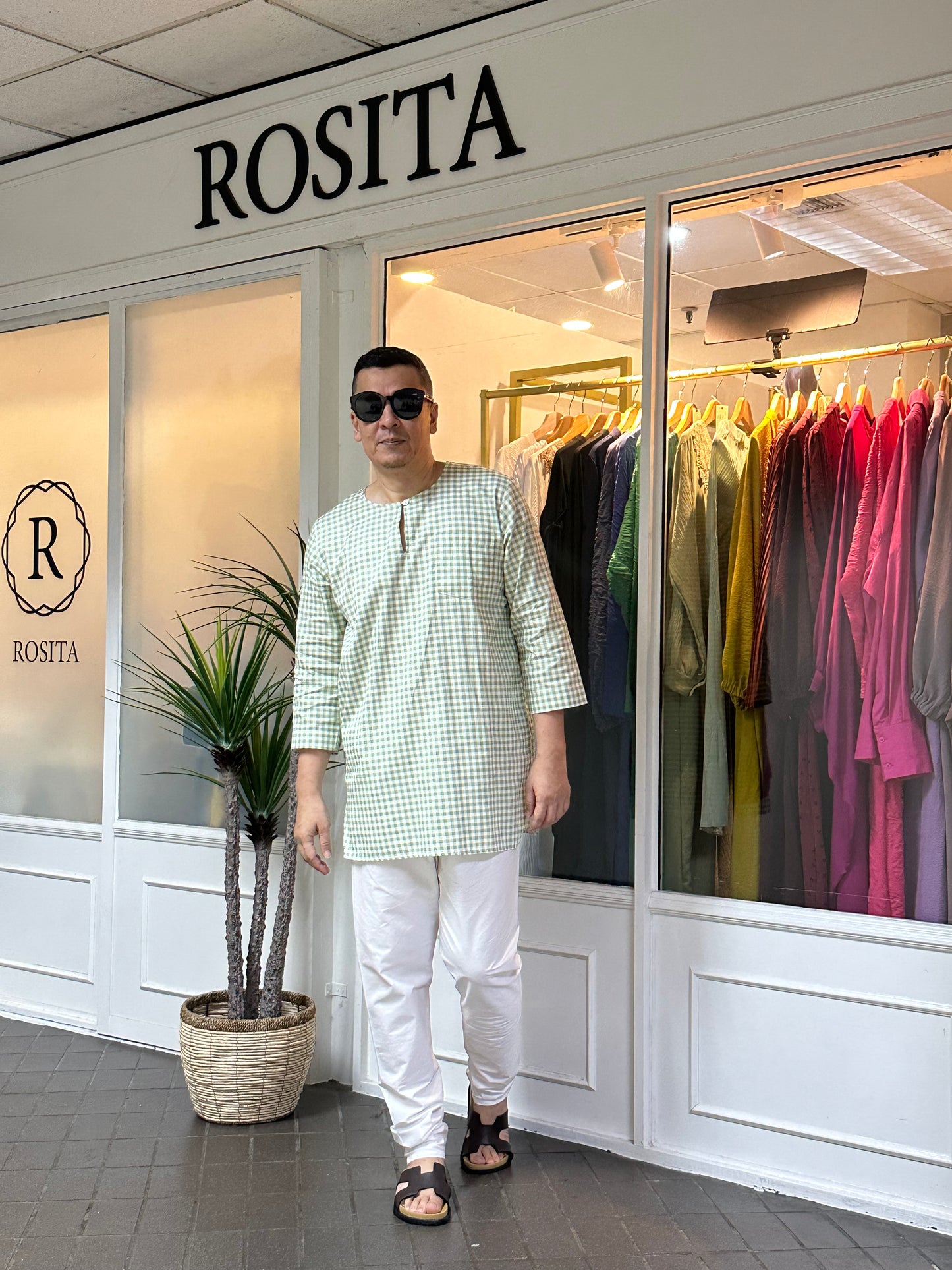 Sufi Kurta in Lime Green Gingham (Men)