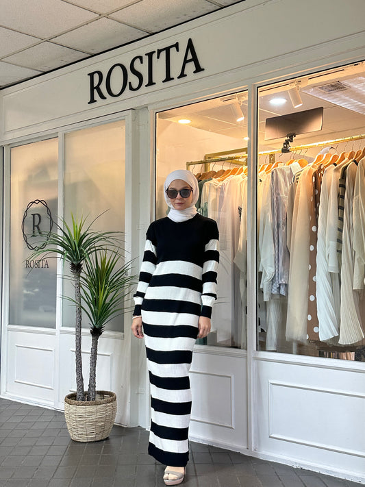 Sasha Knitted Striped Maxi Dress in Black & White (NEW!)