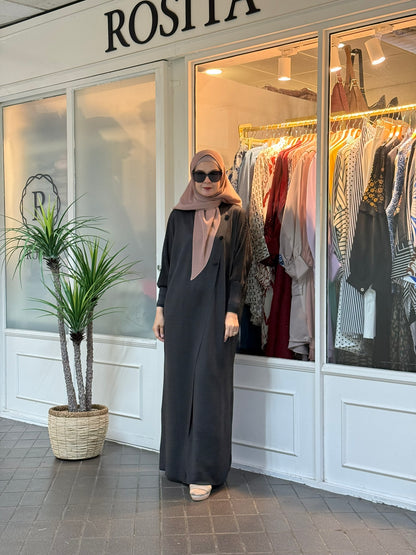 Reena Pleated Batwing Button Dress in Black (NEW!)