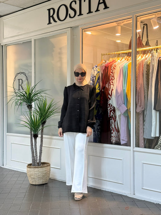 Vivy Pleated Button Down Top in Black (NEW!)