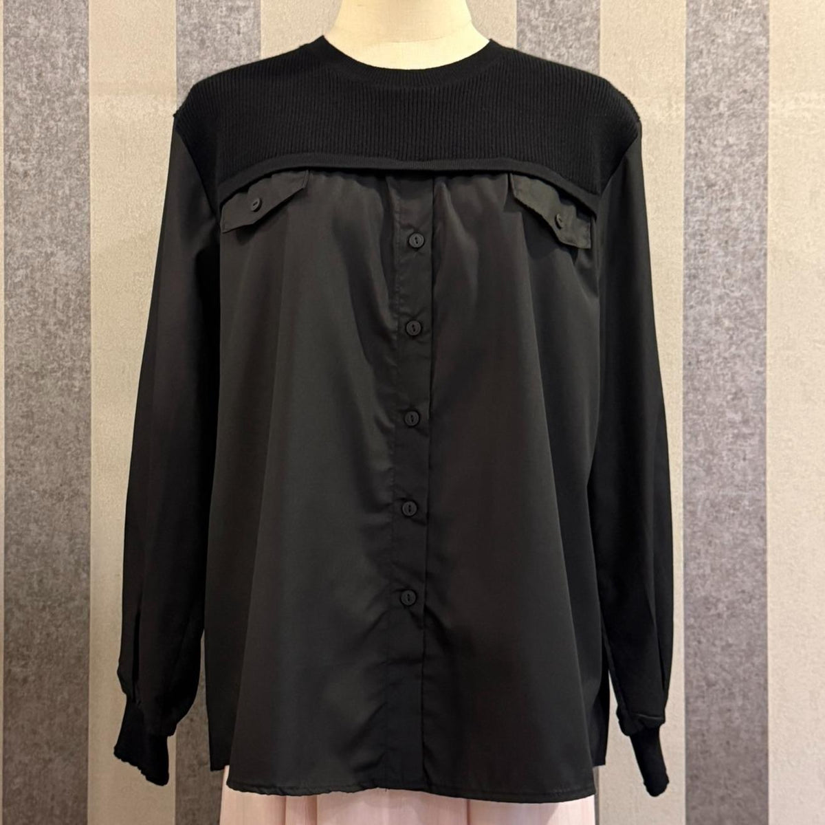 Ellysa Knit Panel Button Top in Black (NEW!)