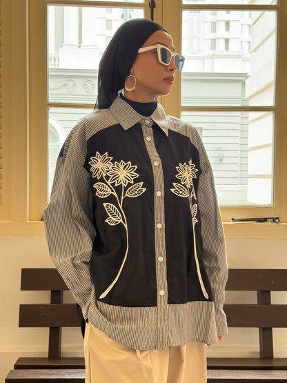 Dahlia Embroidery Relaxed Fit Shirt in Blue Black (NEW!)
