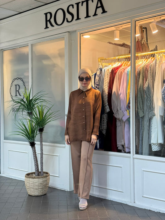 Geena Pleated Button Down Top in Brown (NEW!)