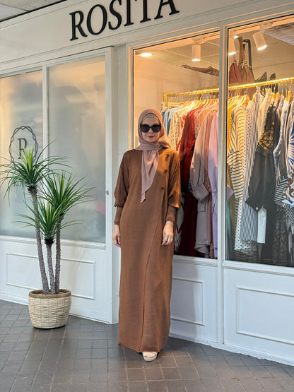 Reena Pleated Batwing Button Dress in Brown (NEW!)