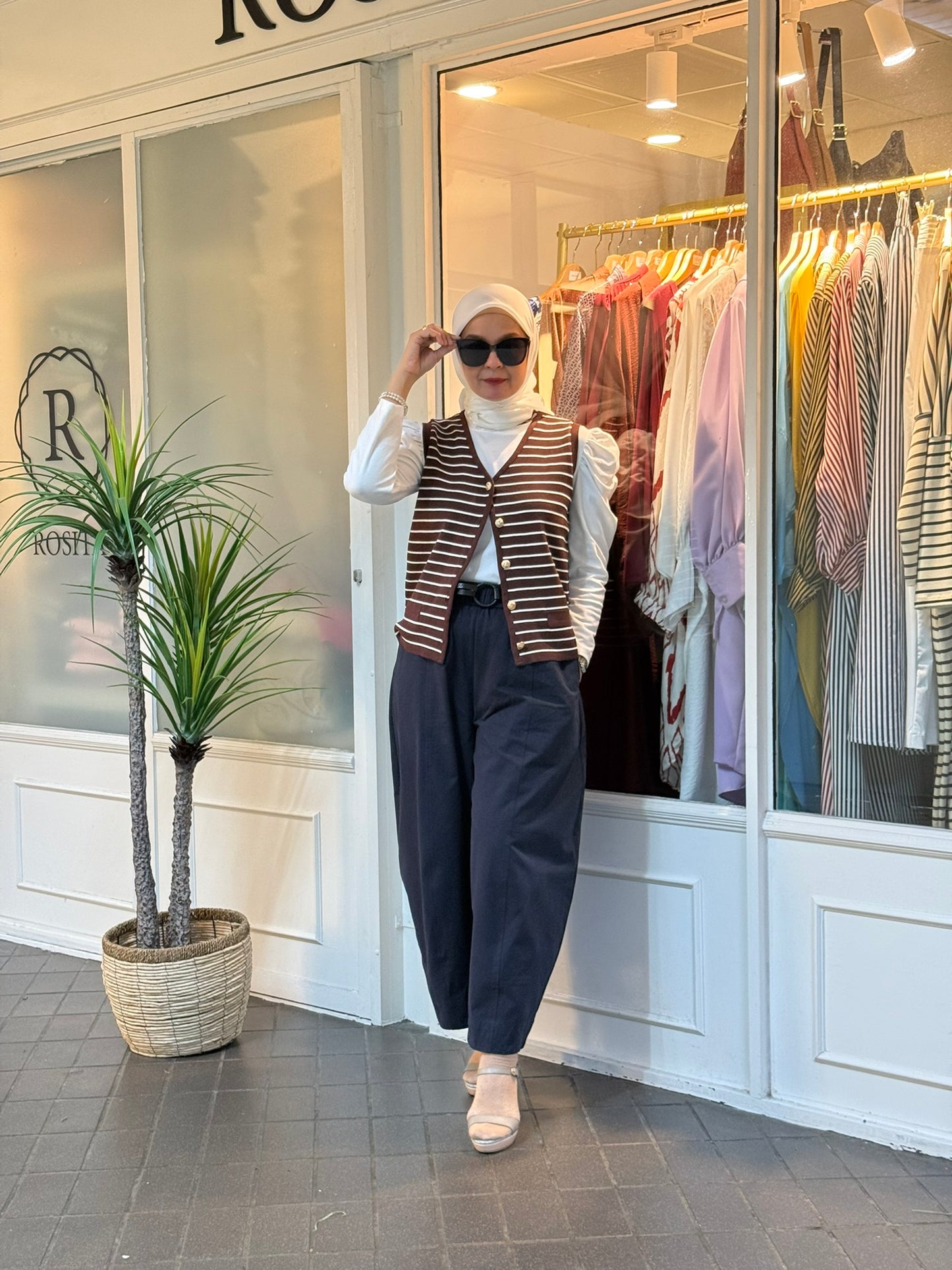 Leona Striped Vest with Button in Brown (NEW!)