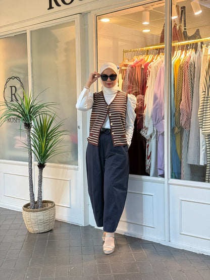 Leona Striped Vest with Button in Brown (NEW!)