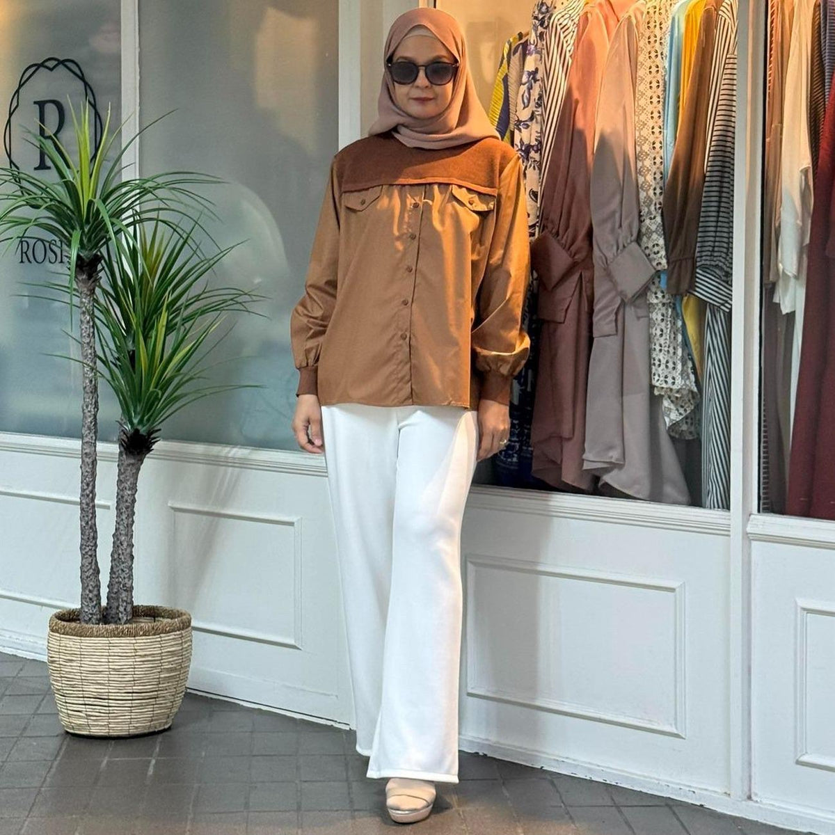 Ellysa Knit Panel Button Top in Caramel (NEW!)