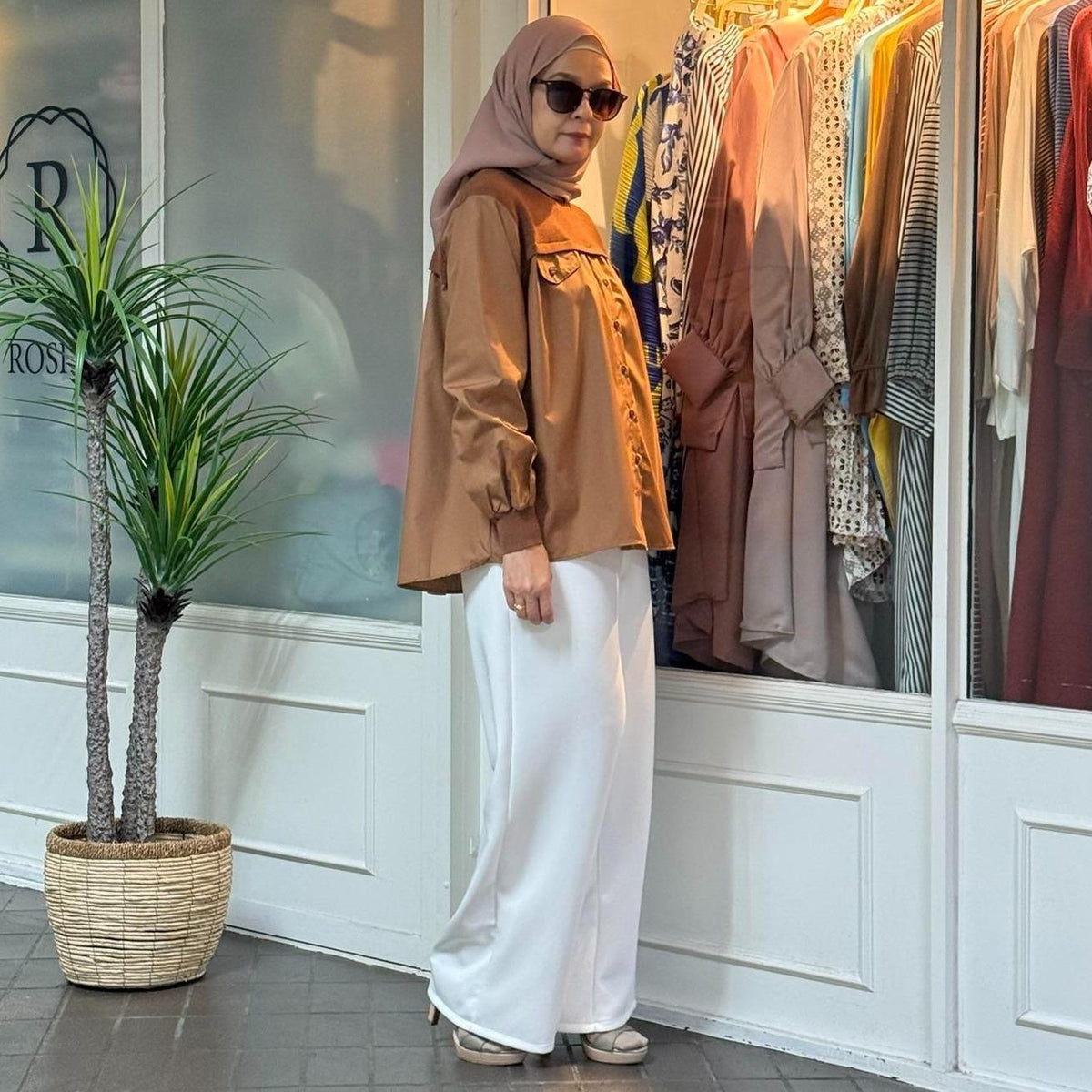 Ellysa Knit Panel Button Top in Caramel (NEW!)