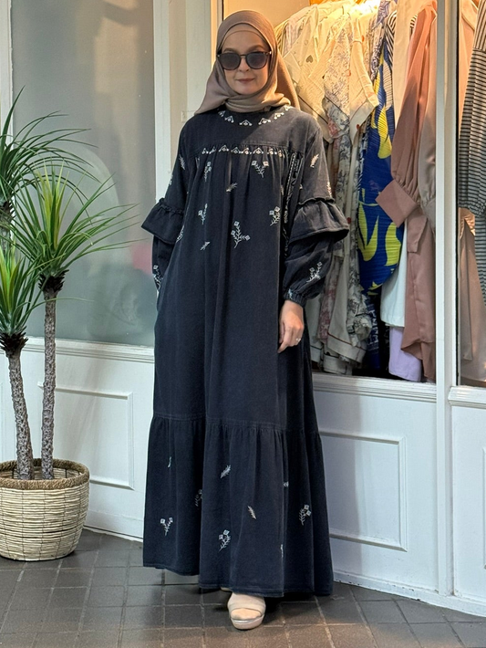Janelle Embroidered Denim Maxi Dress in Ash Grey (NEW!)