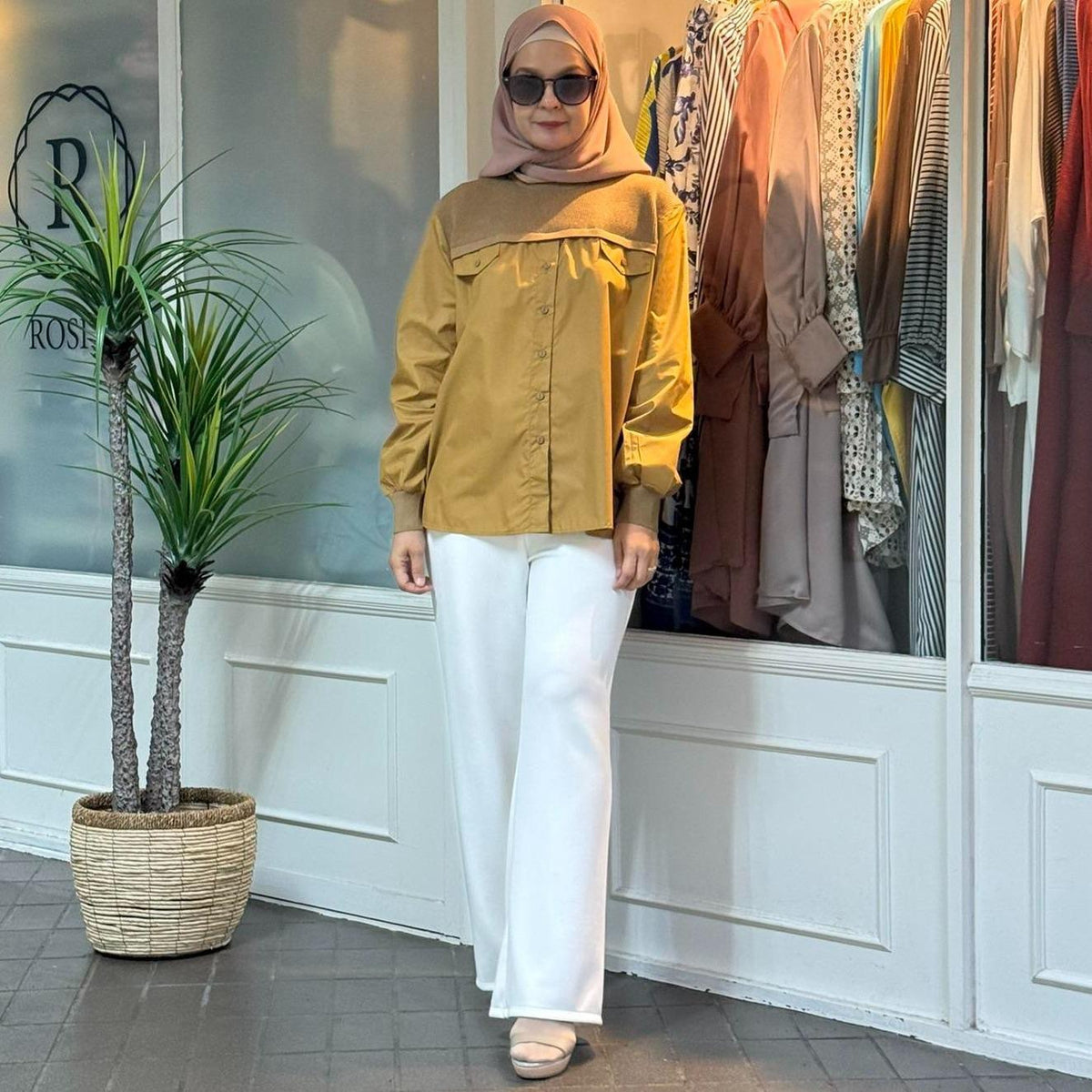 Ellysa Knit Panel Button Top in Dark Mustard (NEW!)