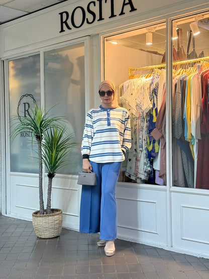 Miss Rox Striped Cotton Knit Pants Set in Denim Blue (NEW!)