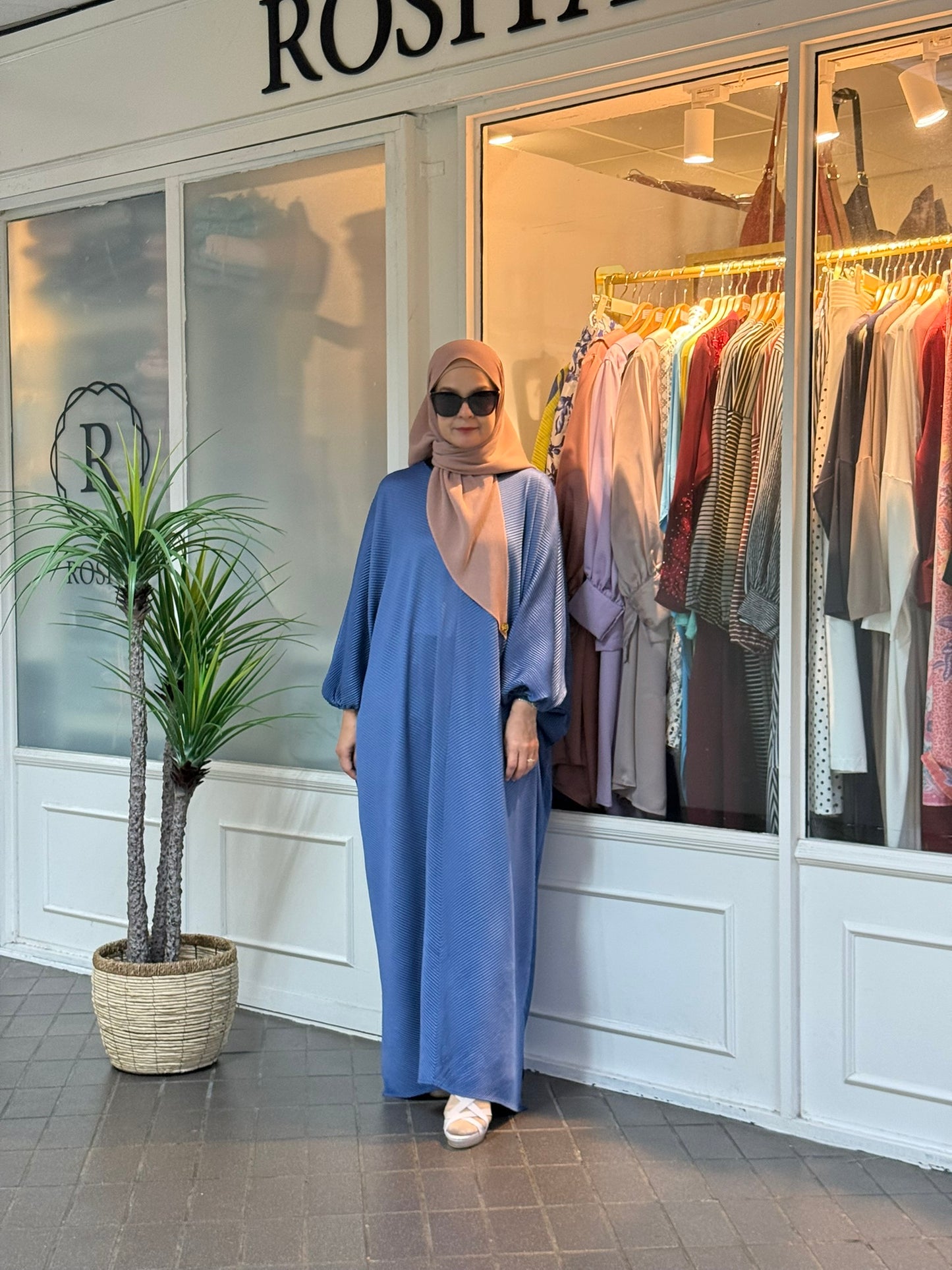 Azzahra Pleated Long Kaftan in Denim Blue (NEW!)
