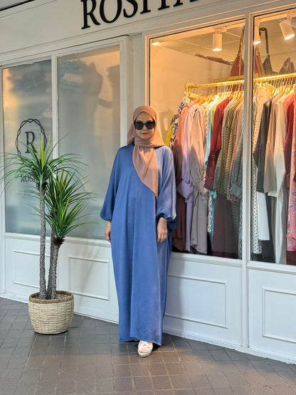Azzahra Pleated Long Kaftan in Denim Blue (NEW!)