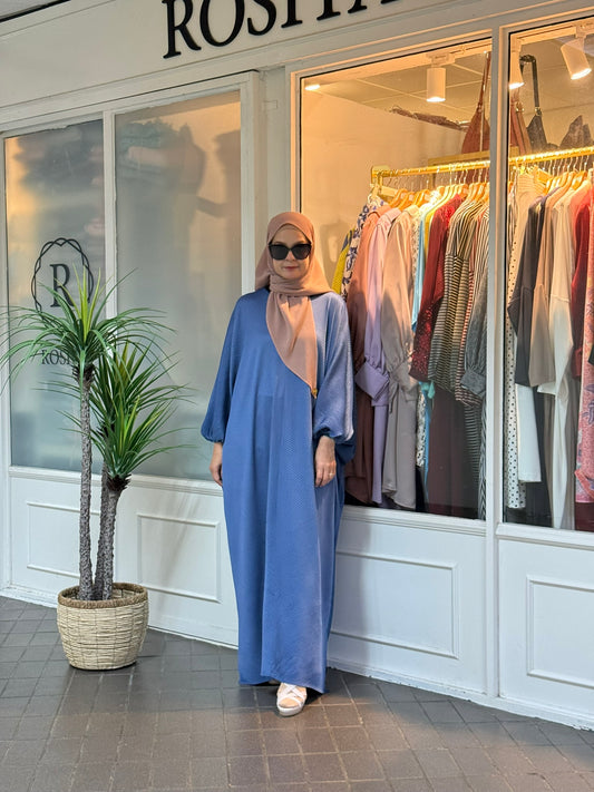 Azzahra Pleated Long Kaftan in Denim Blue (NEW!)