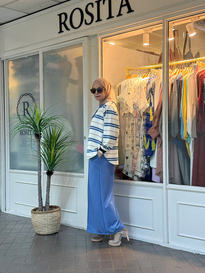 Miss Rox Striped Cotton Knit Pants Set in Denim Blue (NEW!)