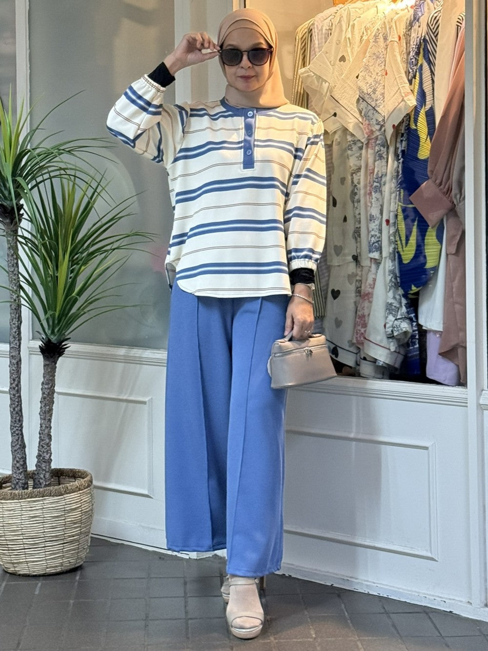 Miss Rox Striped Cotton Knit Pants Set in Denim Blue (NEW!)