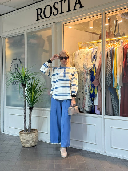 Miss Rox Striped Cotton Knit Pants Set in Denim Blue (NEW!)