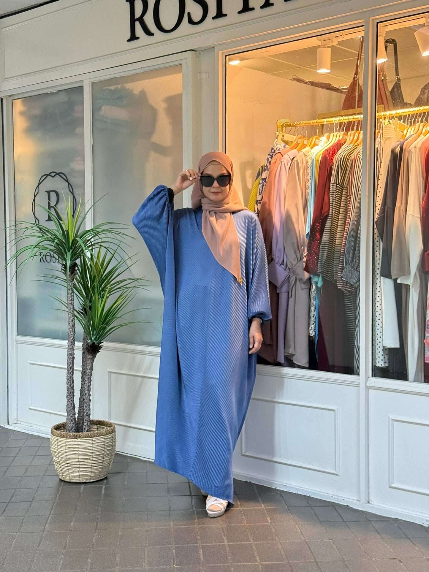 Azzahra Pleated Long Kaftan in Denim Blue (NEW!)