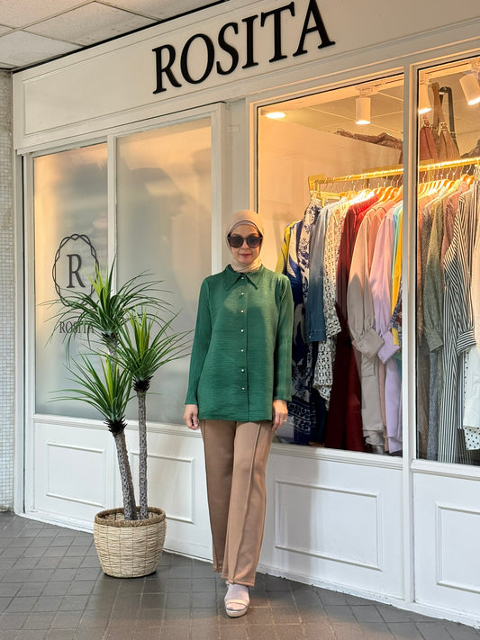 Geena Pleated Button Down Top in Emerald Green (NEW!)