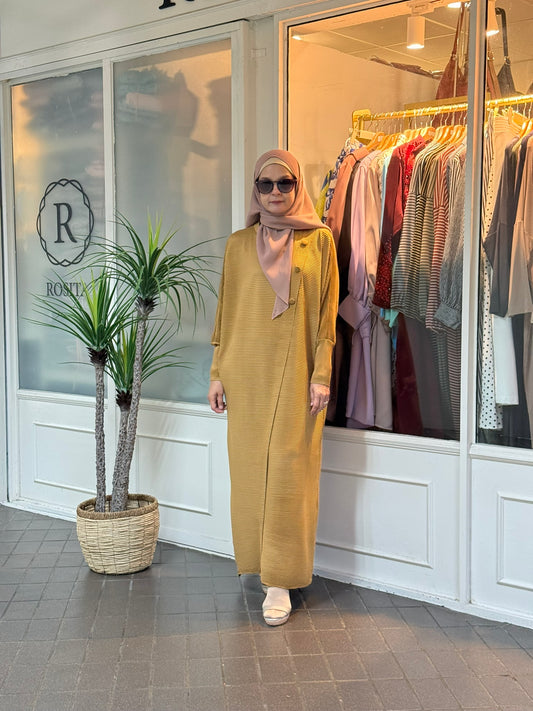 Reena Pleated Batwing Button Dress in Gold (NEW!)