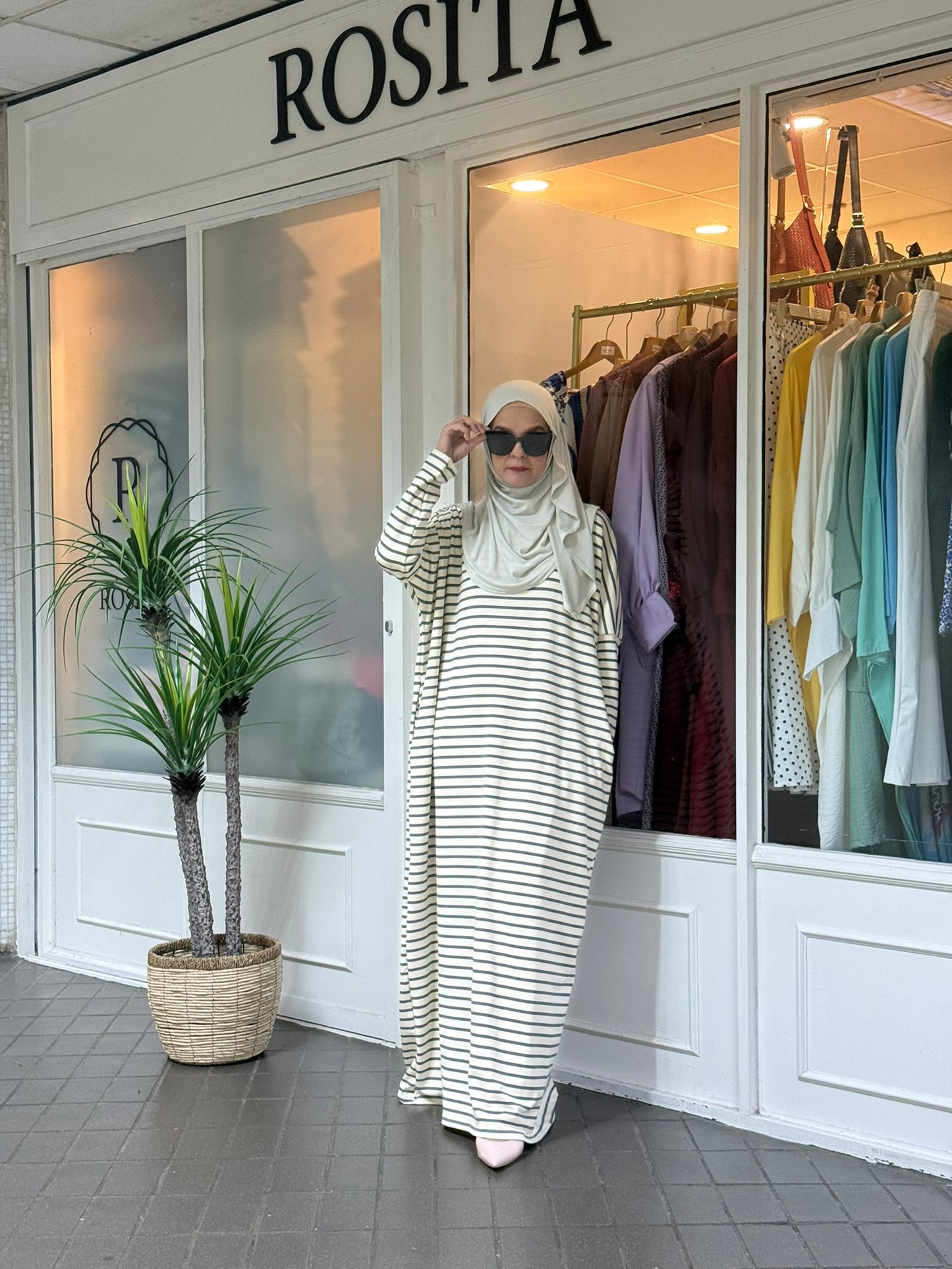 Alyssa Striped Batwing Dress in Grey Cream (NEW!)