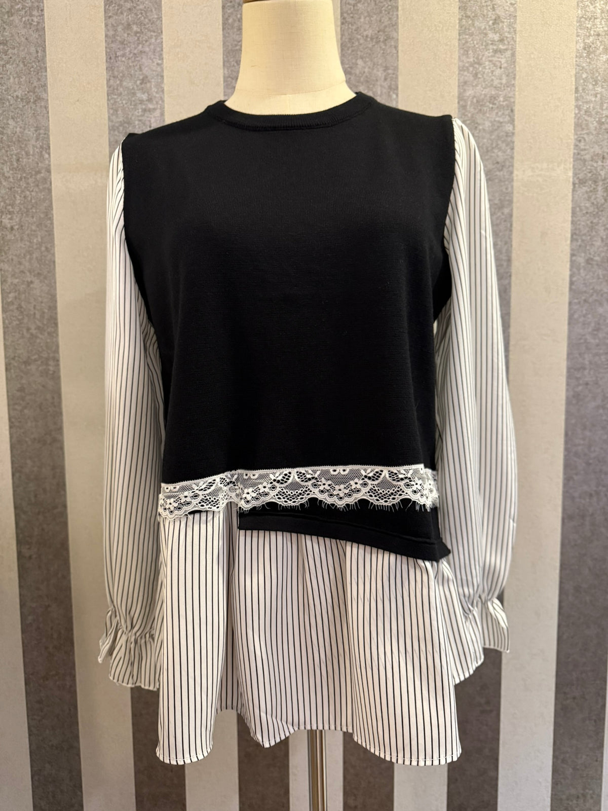 Elsa Layered Lace Striped Top in Black (NEW!)