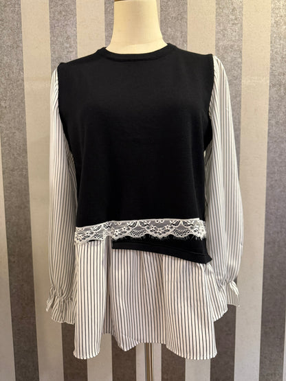 Elsa Layered Lace Striped Top in Black (NEW!)